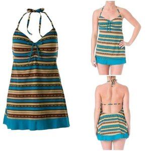 NEW Mainstream Women Blue Green Stripe Aztec Print Swim Swimsuit Dress Size 14